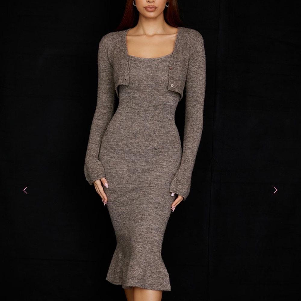 House of CB Andie Brown Marl Knit Cropped Cardigan and Dress